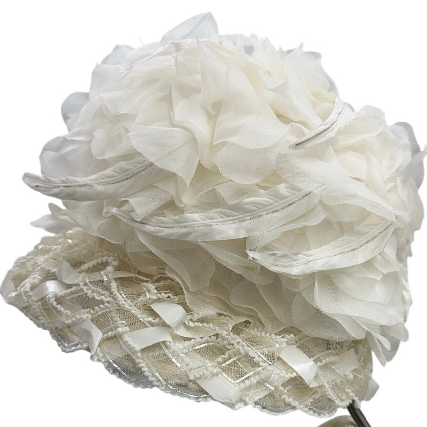 Vintage 50s White Chiffon Floral Brim Hat Union Label Formal