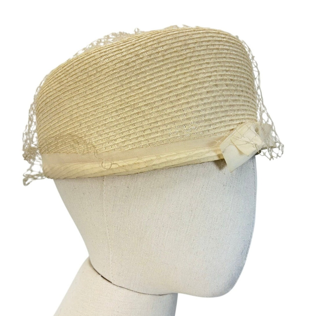 Vintage 1960s Ivory Pillbox Hat with Veil Mod Wedding Cocktail Cap