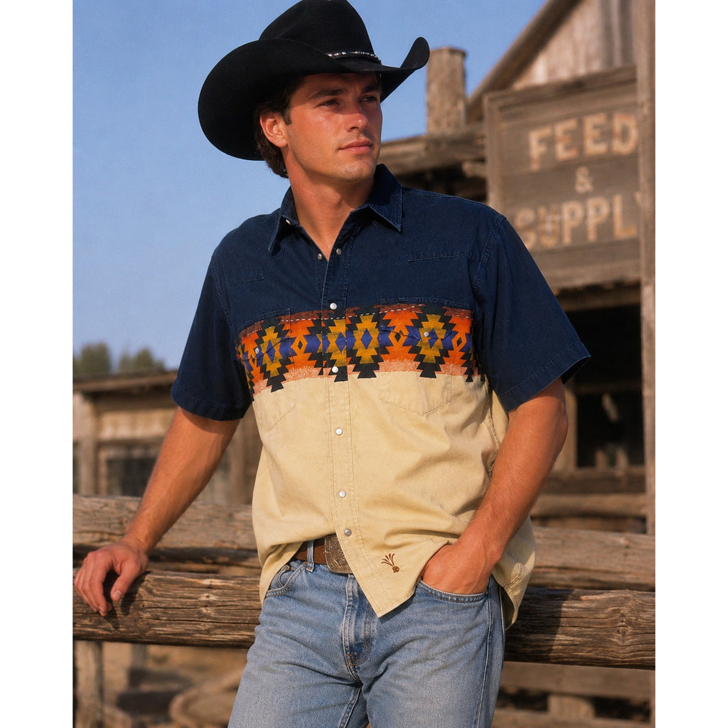 Vintage 90s Wrangler Rustler Western Aztec Snap Shirt Mens LT Cotton Blend