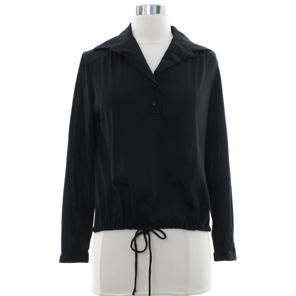 Vintage 90s Black Drawstring Hem Stretch Knit Blouse Women's Small