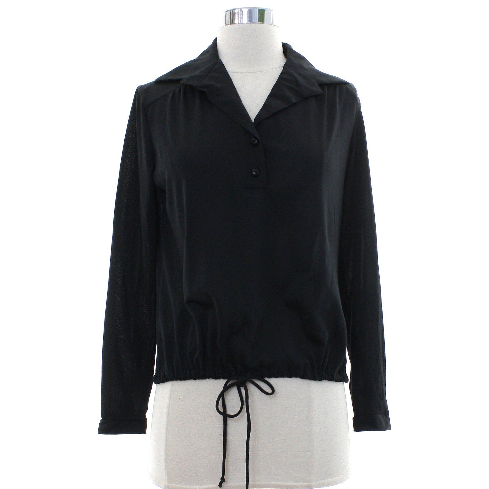 Vintage 90s Black Drawstring Hem Stretch Knit Blouse Women's Small