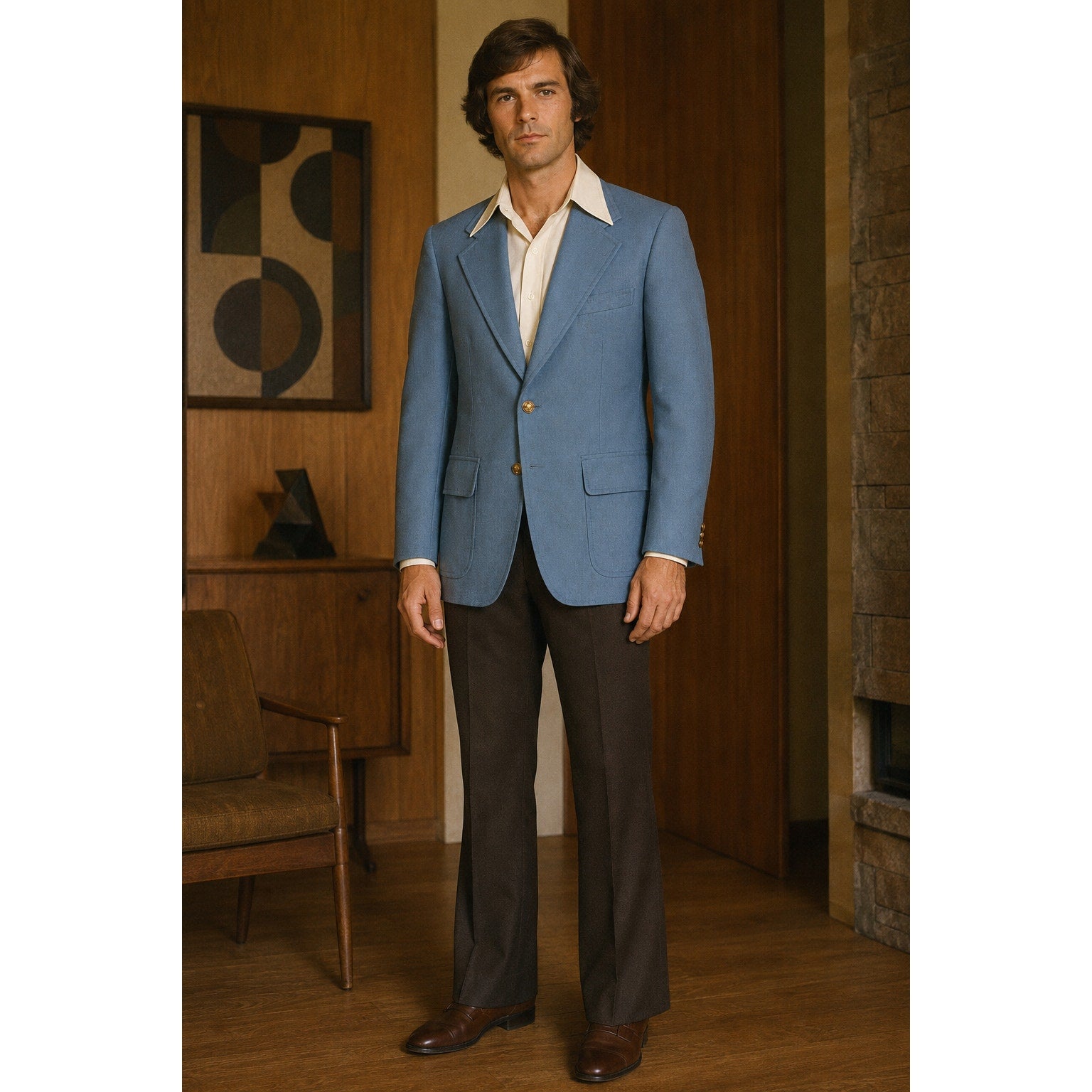 Vintage 1970s Kroesens Men’s Slate Blue Polyester Blazer Brass Buttons 40" Chest