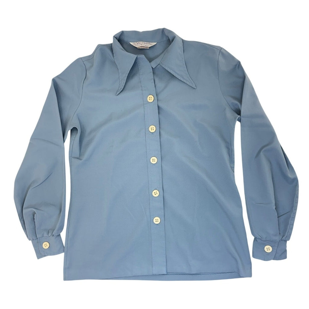 Vintage Style LeSoftShirt Blue Polyester Button Front Blouse Womens Medium