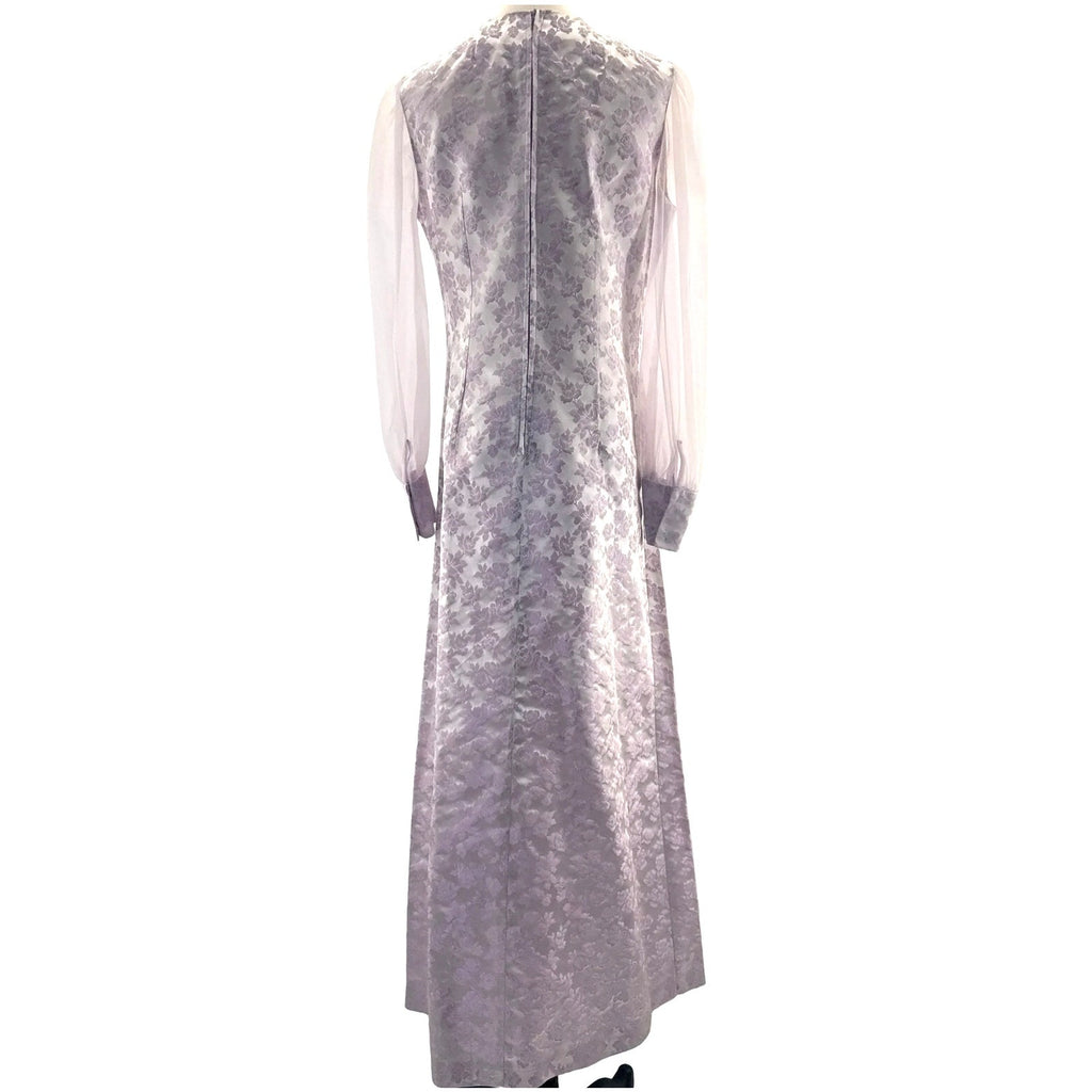 Vintage 60s Womens Medium Lavender Satin A-Line Maxi Dress Sheer Sleeve Floral