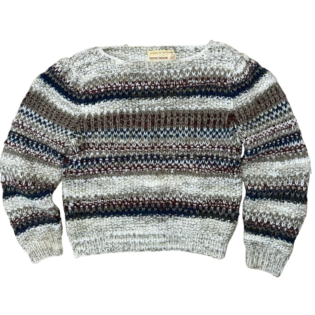 Vintage 80s Lauren Hansen Women's Medium Hand Knit Sweater Striped Cozy Acrylic