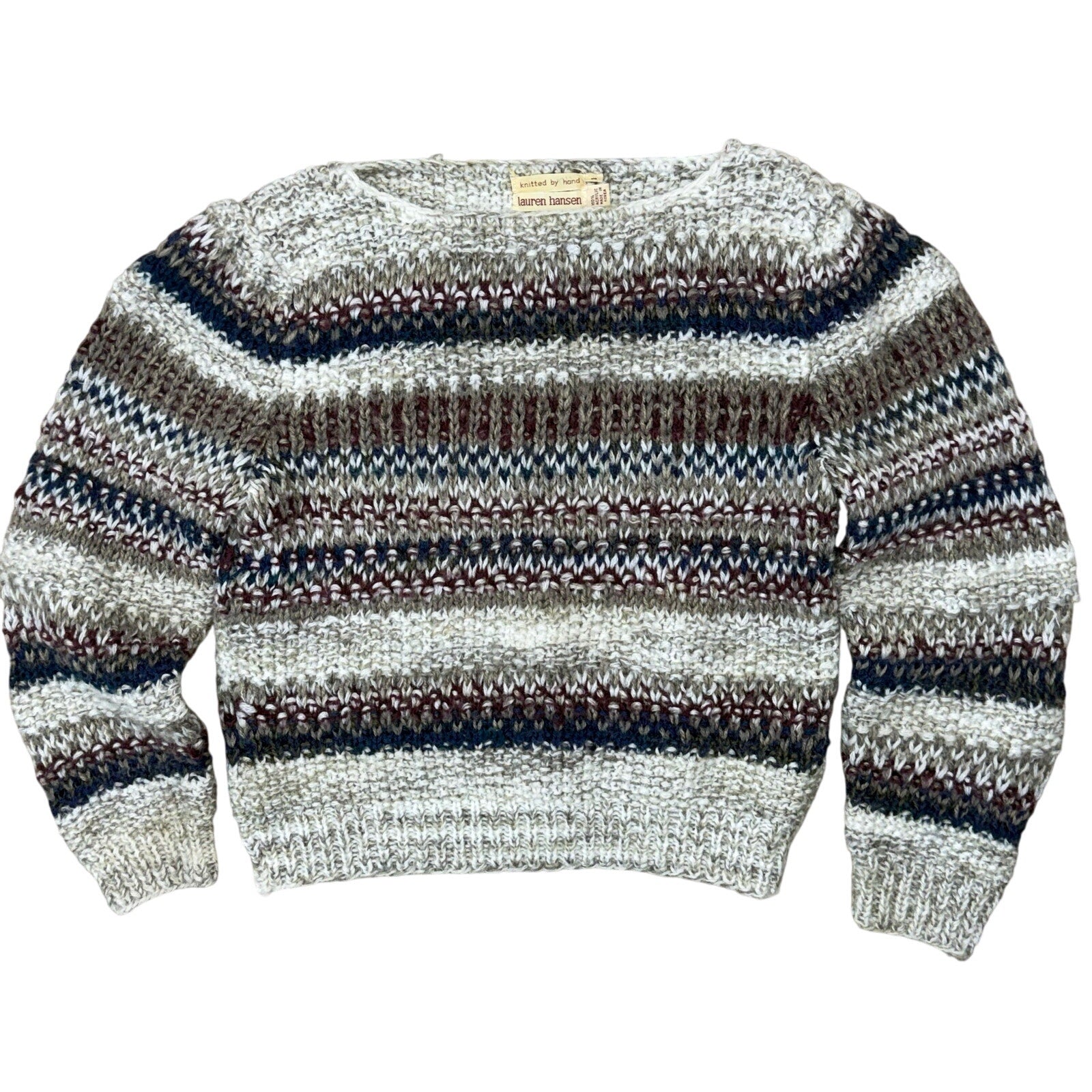 Vintage 80s Lauren Hansen Women's Medium Hand Knit Sweater Striped Cozy Acrylic