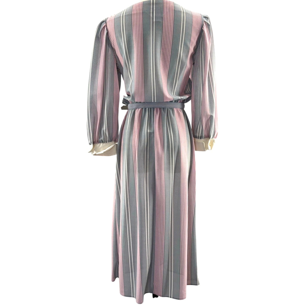 Vintage 80s Women's 11/12 Belted Midi Dress JCPenney Pink Blue Stripes