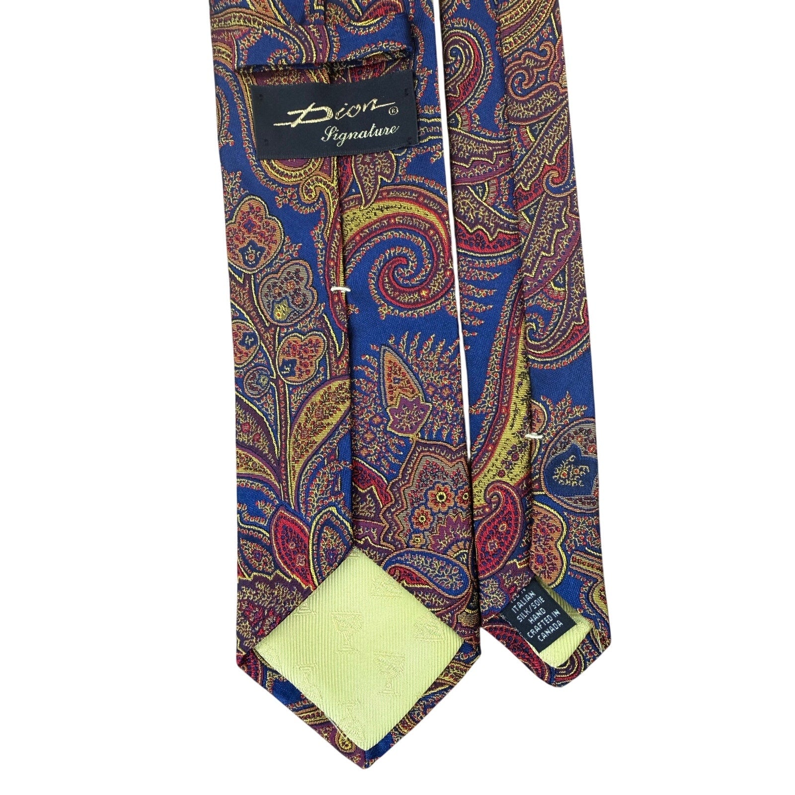 Vintage 90s Dion Signature Silk Paisley Tie Blue Red Gold Italian 60.5x3.25