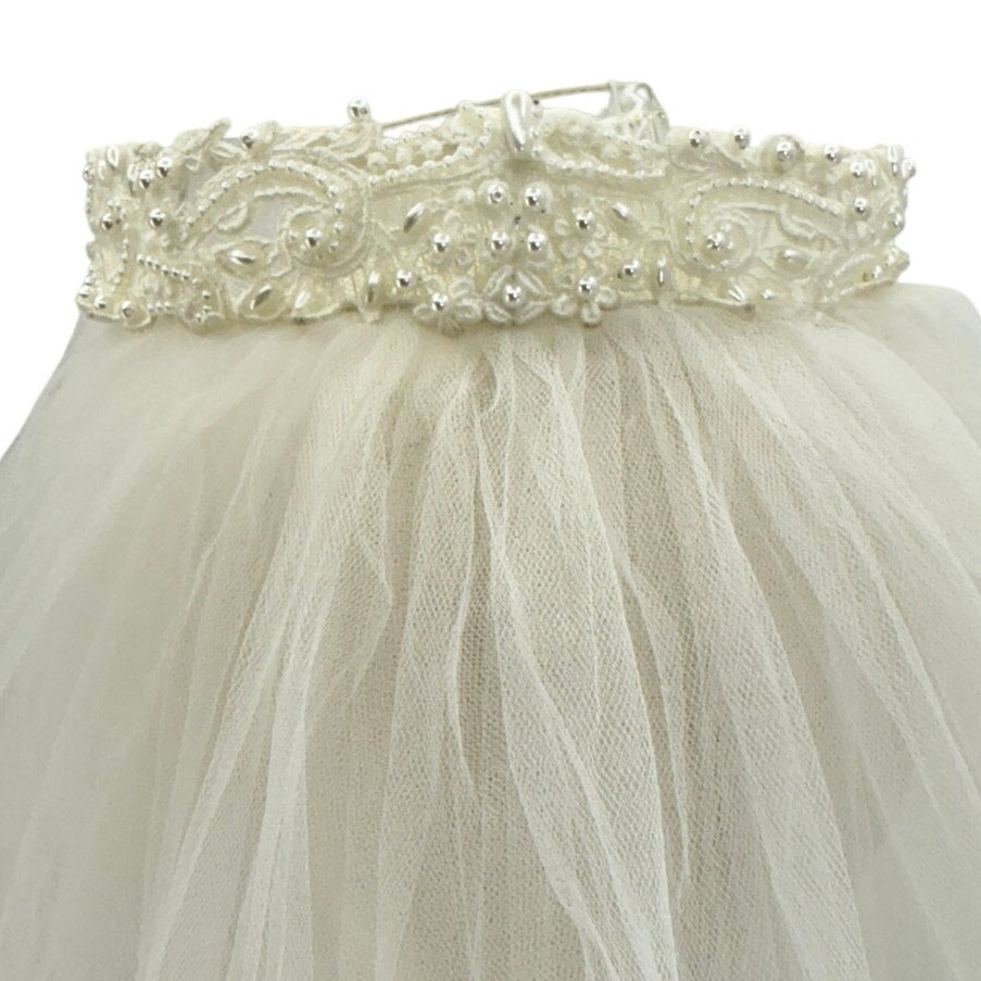 Vintage 70s Bridal Veil Pearl Lace Wedding Headpiece Double Layer