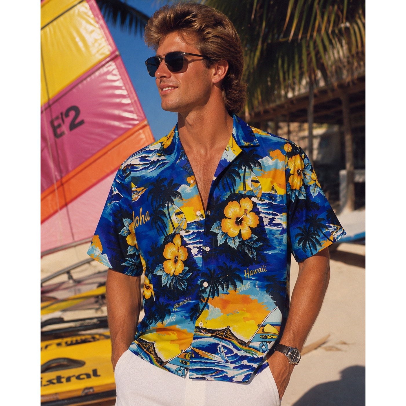 Vintage 80s Kalena Hawaii Aloha Surf Windsurf Floral Shirt Men's Medium