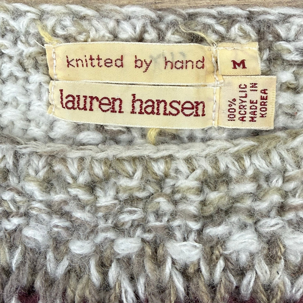 Vintage 80s Lauren Hansen Women's Medium Hand Knit Sweater Striped Cozy Acrylic
