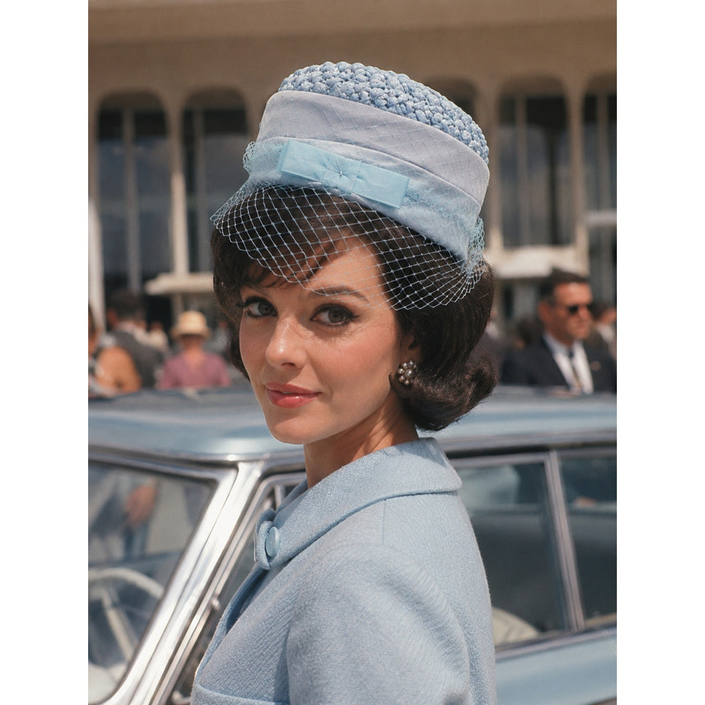 Vintage 1960s Ice Blue Pillbox Hat Veil Chiffon Bow Union Made Fascinator