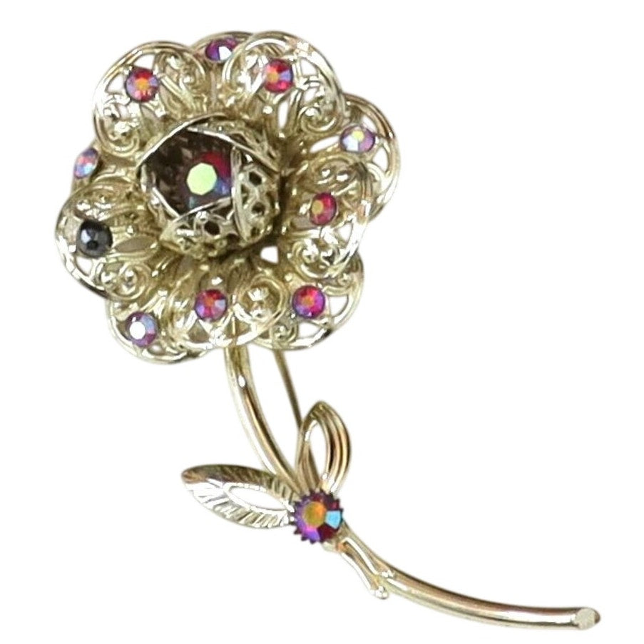 Vintage 80s Sarah Coventry Floral Rhinestone Brooch Silver Tone Pin