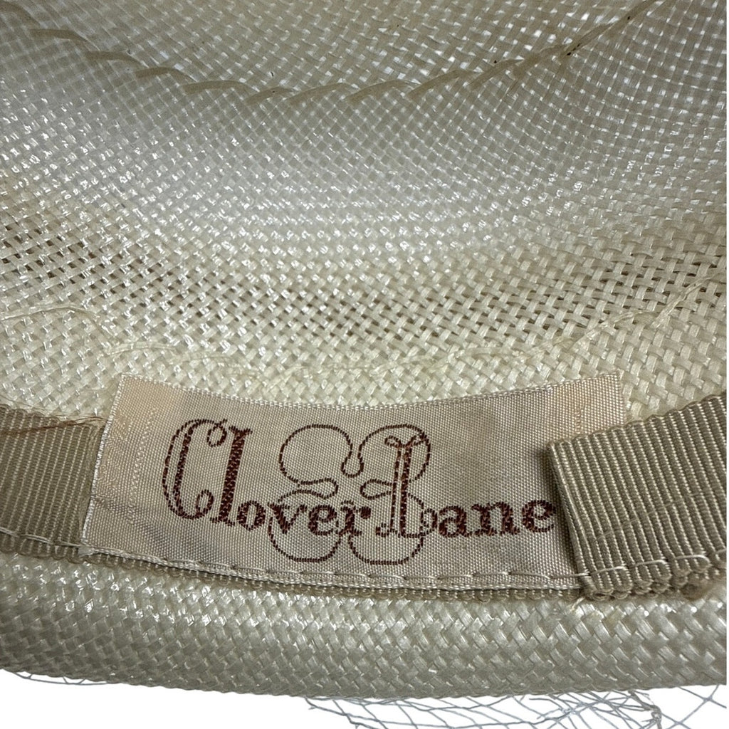 Vintage 1960s Clover Lane Ivory Pillbox Hat with Veil & Pink Bow