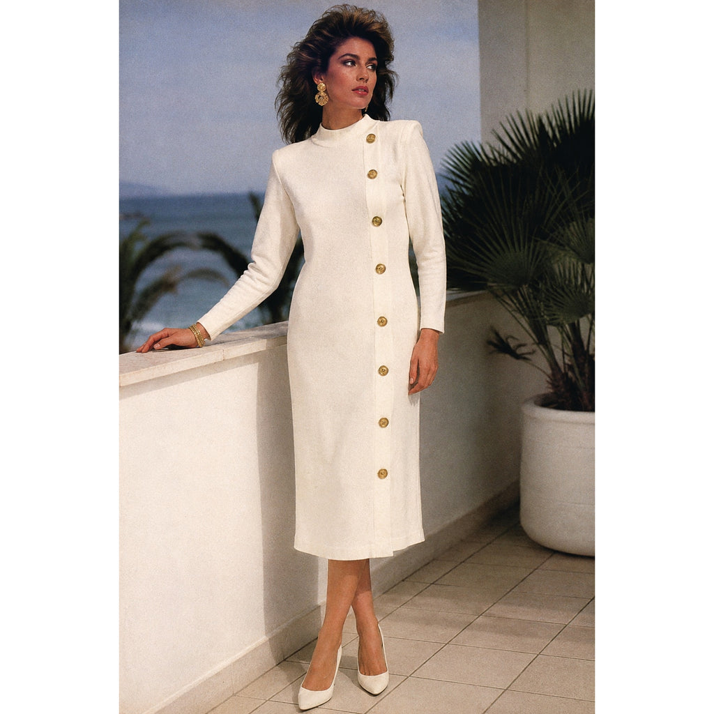 Vintage 80s Positive Attitude Ivory Sweater Dress Gold Anchor Buttons Medium
