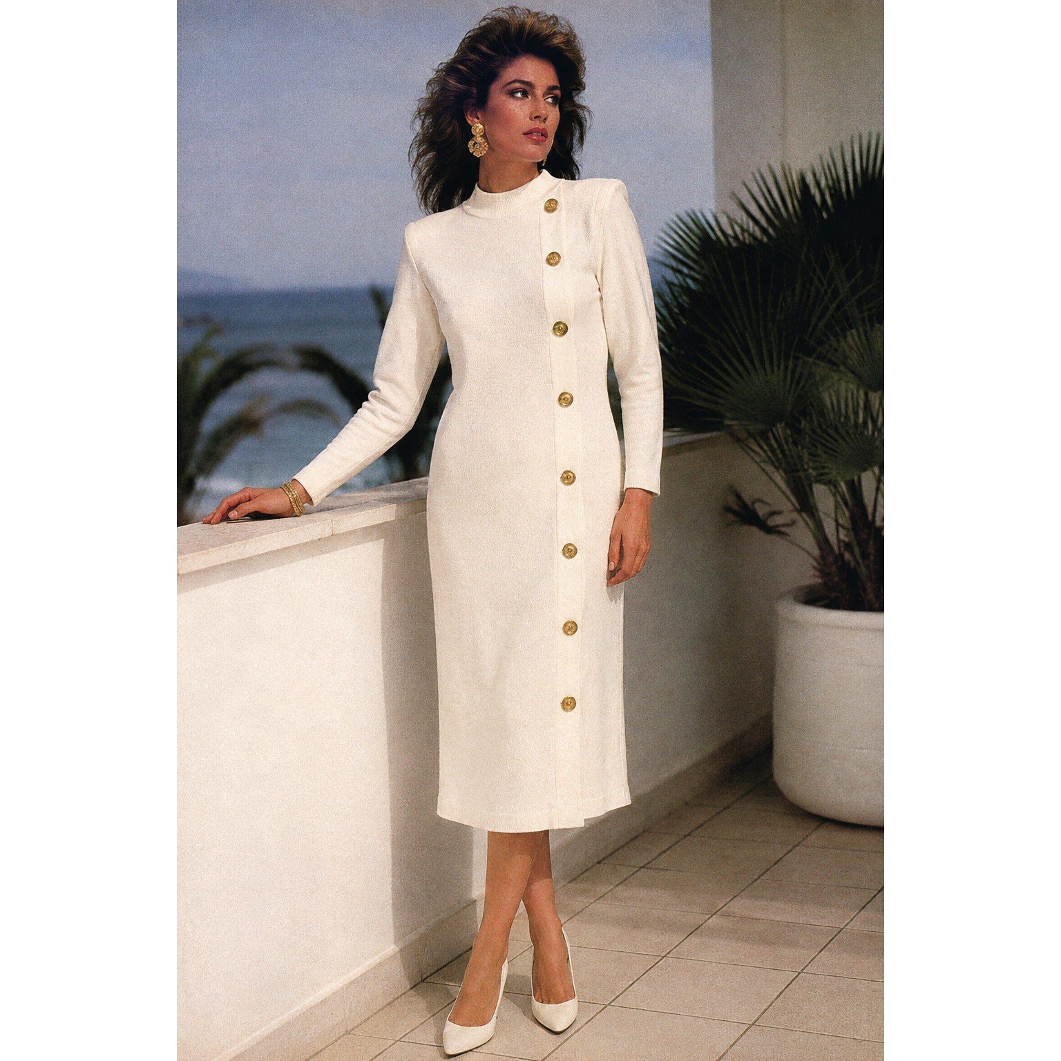 Vintage 80s Positive Attitude Ivory Sweater Dress Gold Anchor Buttons Medium