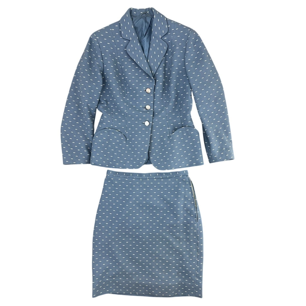 Vintage 80s Women's Medium Slate Blue Wool Blend Skirt Suit Polka Dot Career Set