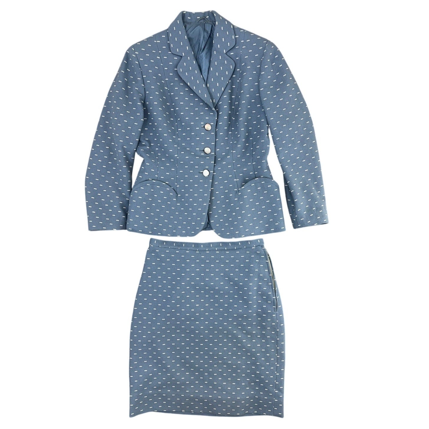 Vintage 80s Women's Medium Slate Blue Wool Blend Skirt Suit Polka Dot Career Set