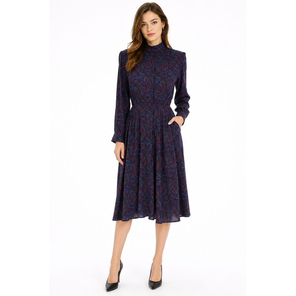 Vintage Liz Claiborne Silk Paisley Dress Purple Pleated A-Line 80s 90s
