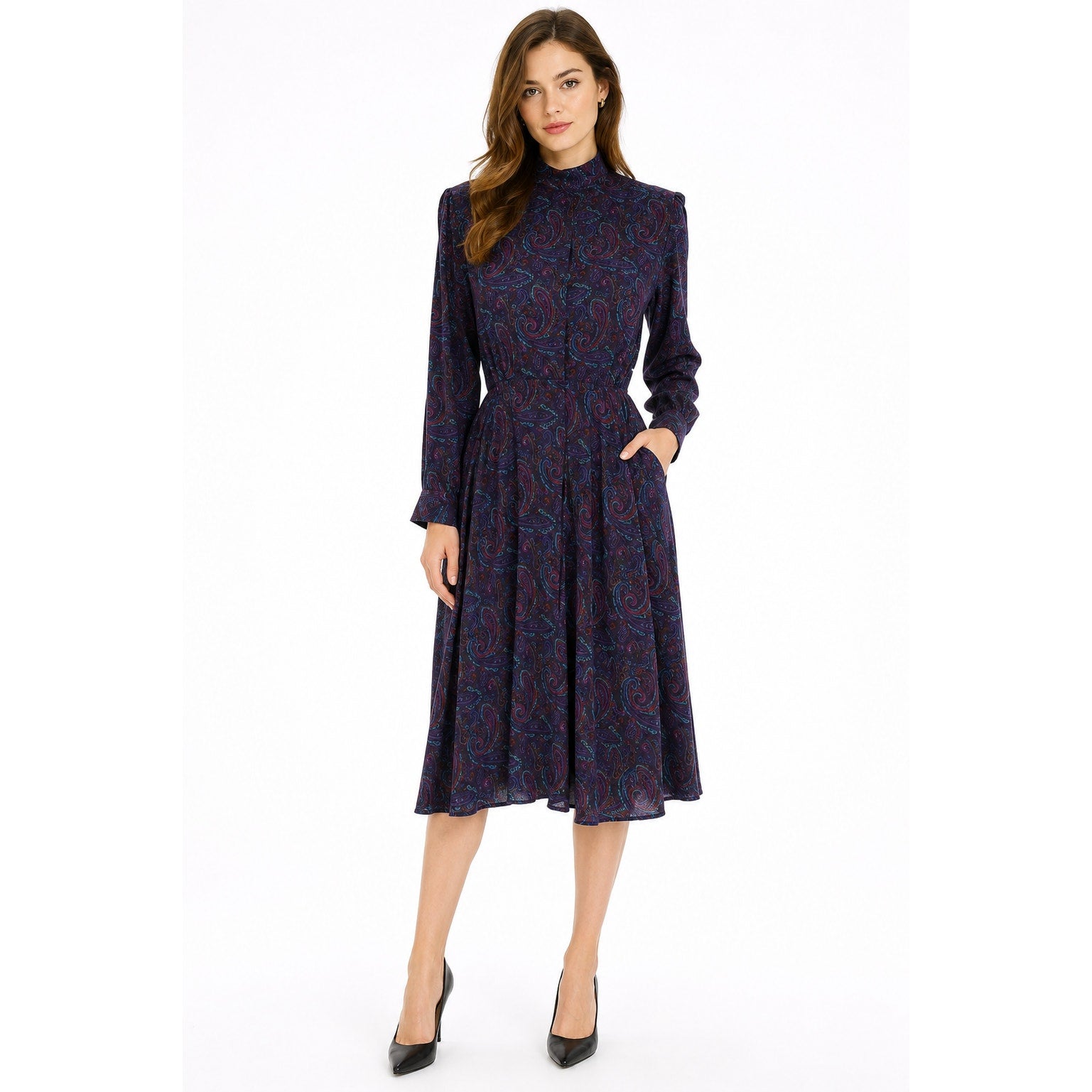 Vintage Liz Claiborne Silk Paisley Dress Purple Pleated A-Line 80s 90s