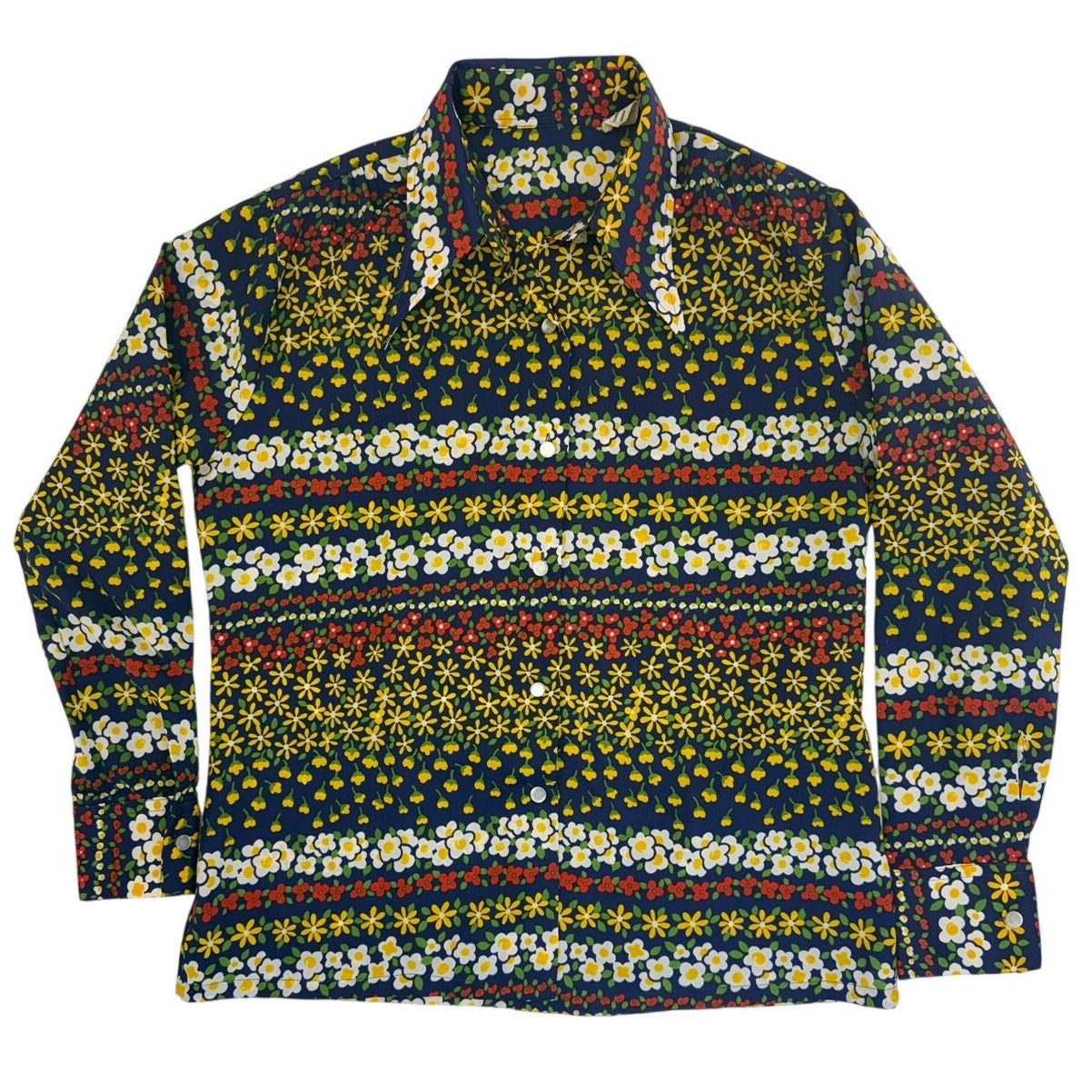 Vintage 70s Floral Stripe Blouse Navy Crepe Shirt Long Sleeve Womens Medium