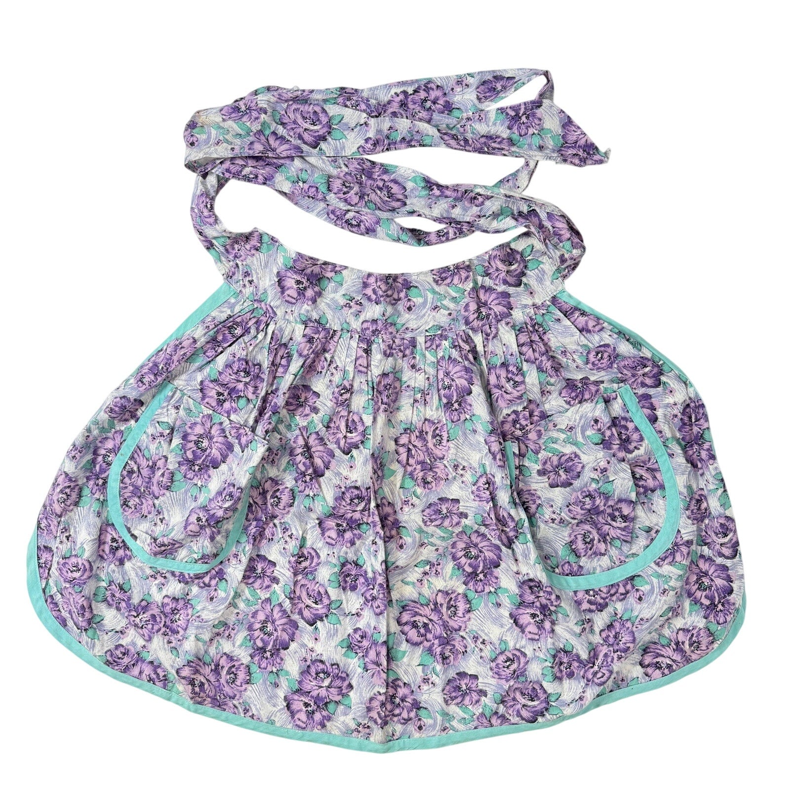 Vintage 1960s Home-Sewn Apron Purple Floral with Aqua Lining