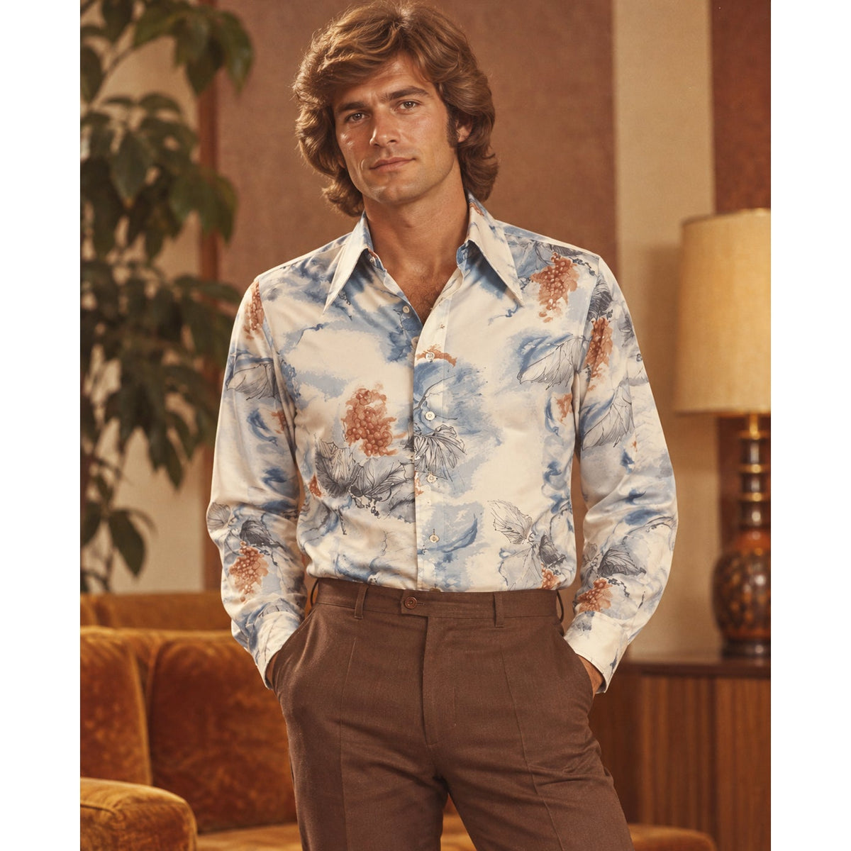 Vintage 70s Chemise Et Cie Blue Novelty Print Shirt Men's Large Long Sleeve