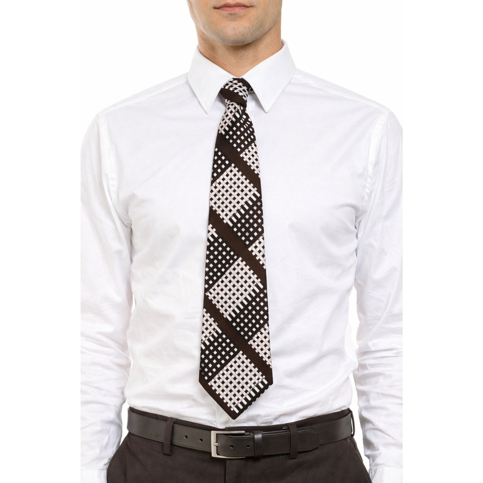 Vintage 70s Mens Wide Disco Necktie Champs Elysee Op Art Check Brown Black White