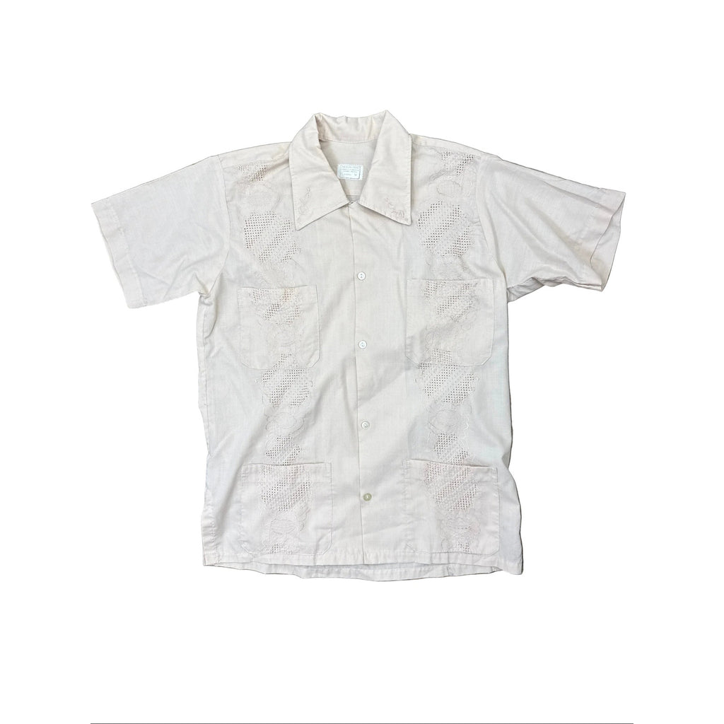 Vintage 70s Men's Small Calez Taupe Guayabera Shirt Embroidered 4 Pocket