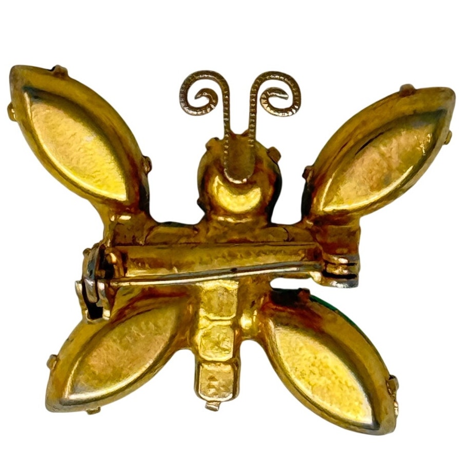 Vintage 1950s Green Rhinestone Butterfly Brooch Gold Tone Pin