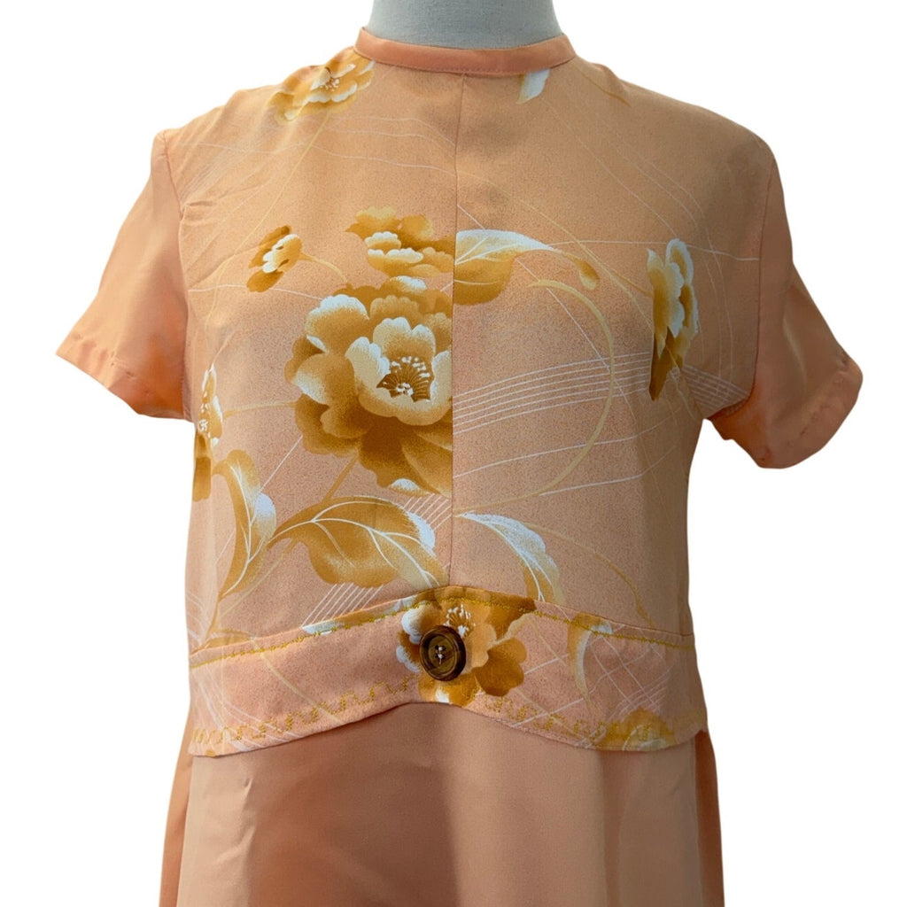 Vintage 70s Peach Floral Polyester Knit Mini Dress Women's Small Home Sewn