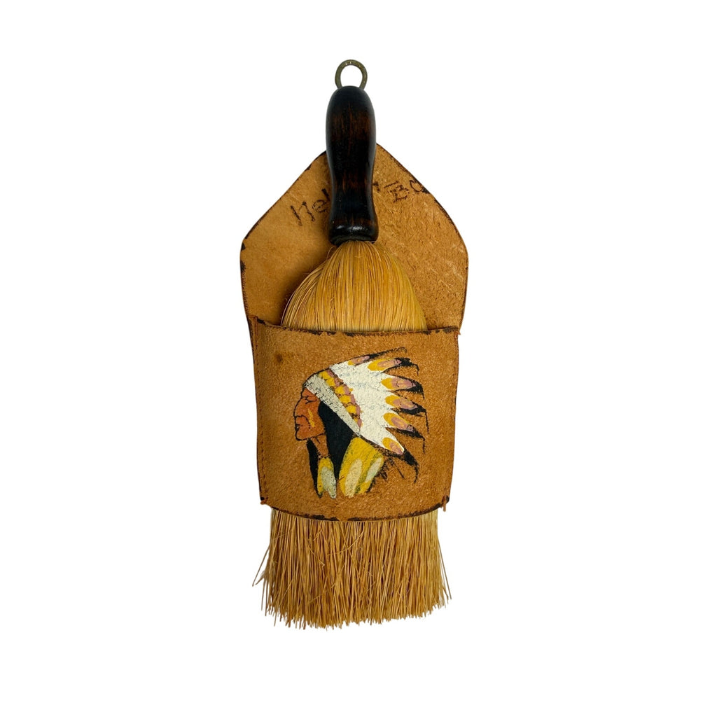 Vintage 60s Nelson BC Tan Leather Whisk Broom Holder Hand Painted Souvenir