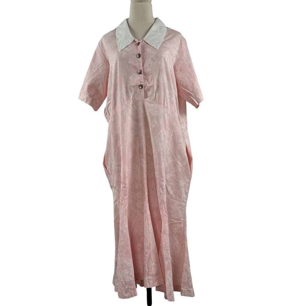 Vintage 80s Handmade Pink Floral White Collar A-Line Midi Dress XL