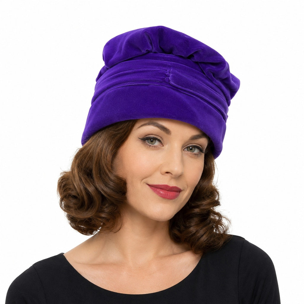 Vintage 1960s Purple Velveteen Hat Pleated Brim Cloche Style