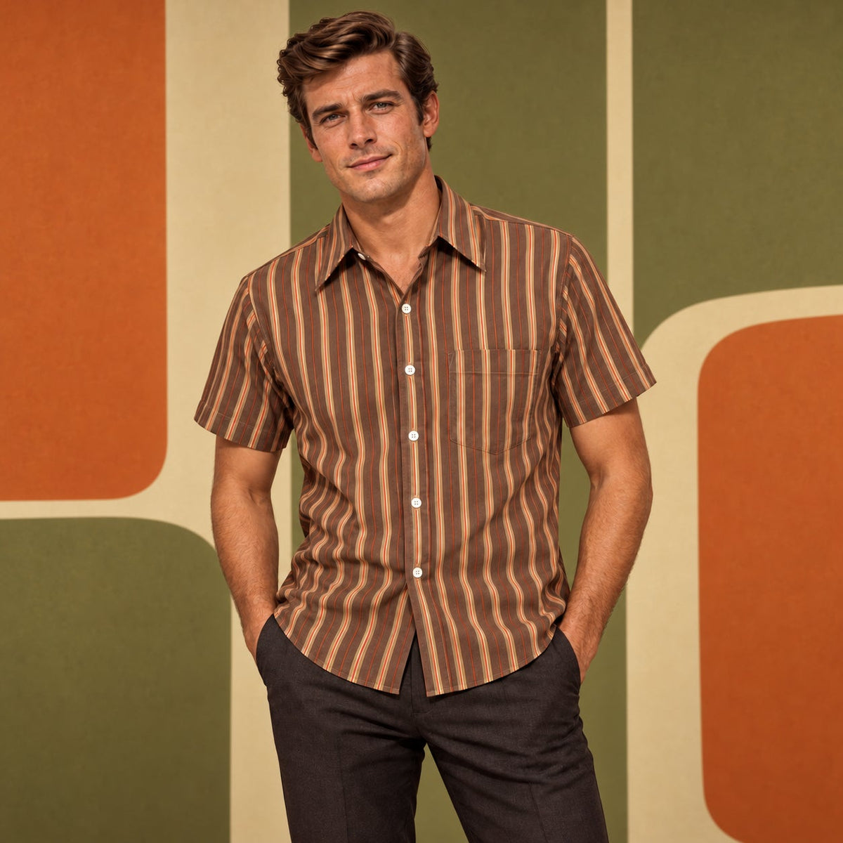 Vintage 60s Ever Pressed National Brown Striped Shirt Men’s Medium