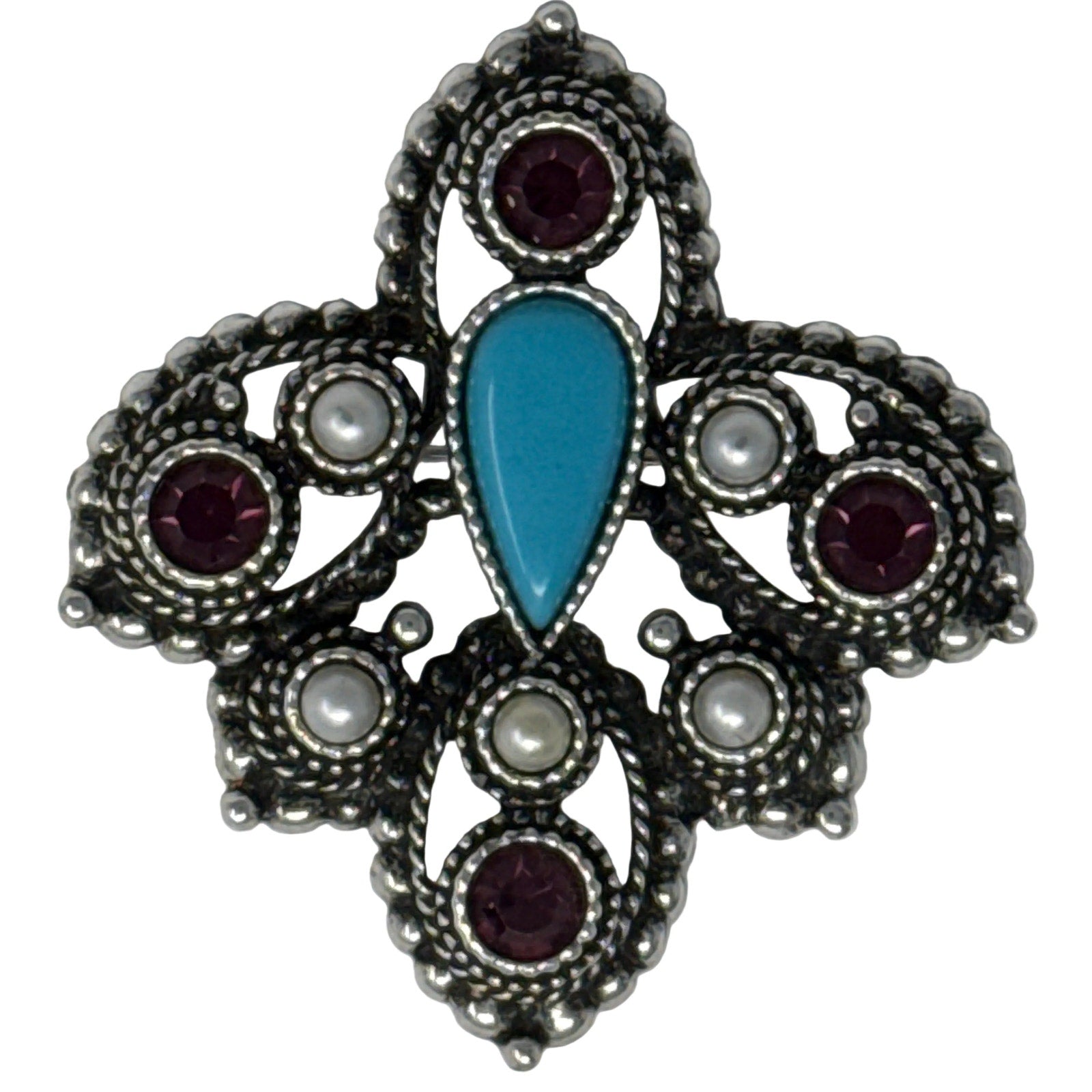 Vintage 70s Sarah Coventry Brooch Silver Tone Purple Turquoise Pearl Beads