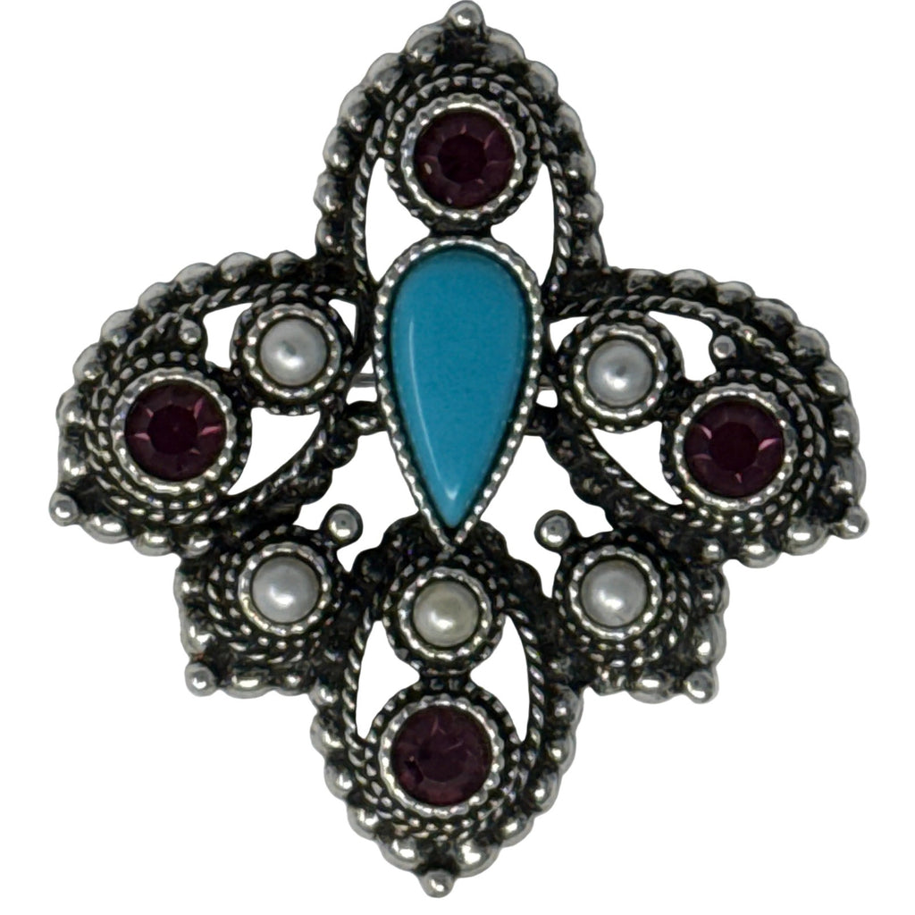 Vintage 70s Sarah Coventry Brooch Silver Tone Purple Turquoise Pearl Beads