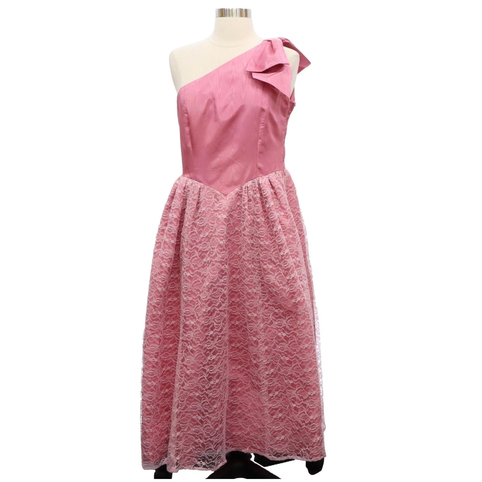 Vintage 1980s Mauve Lace One Shoulder Bow Formal Midi Dress Women's Small