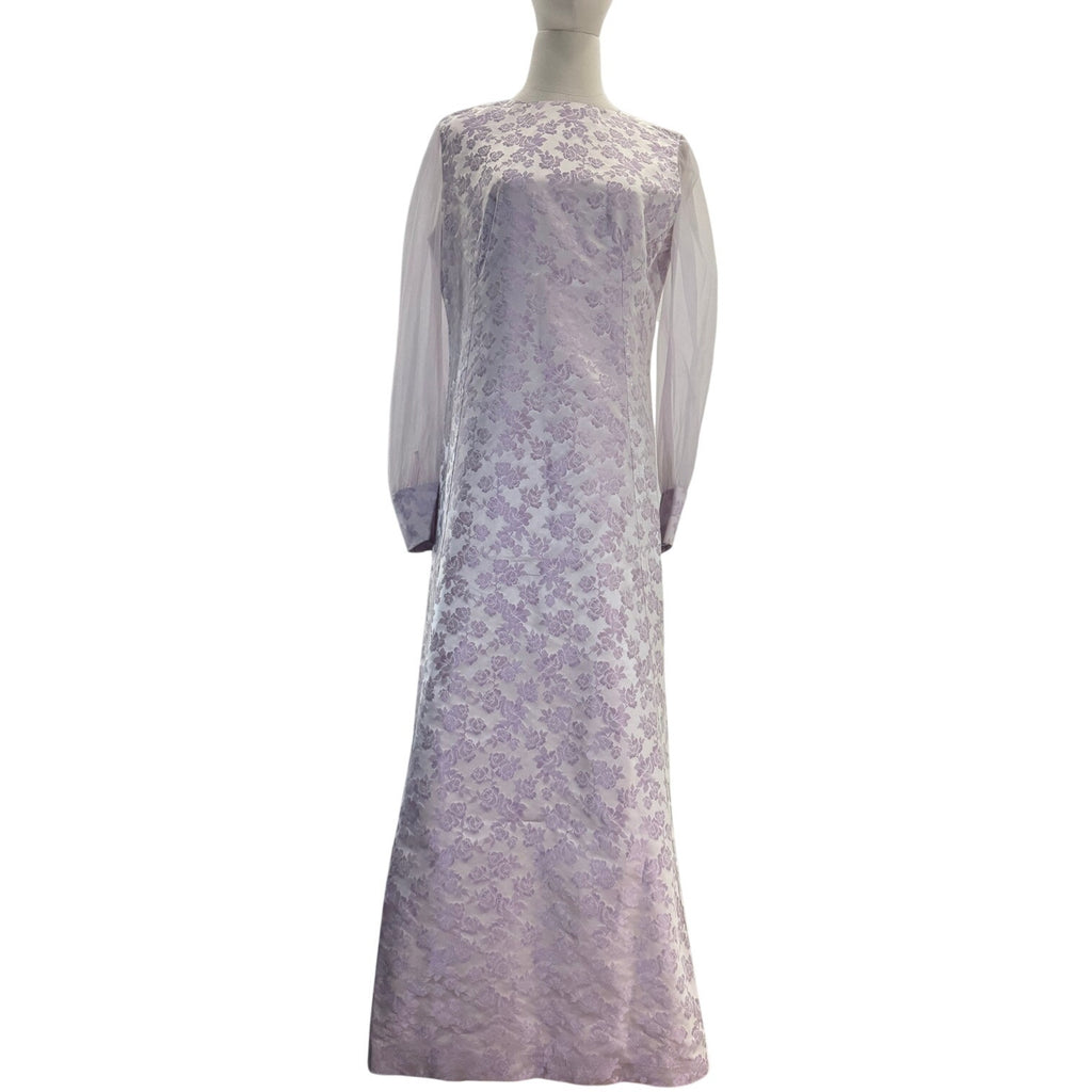 Vintage 60s Lavender Satin A-Line Maxi Dress Sheer Sleeve Women's Medium