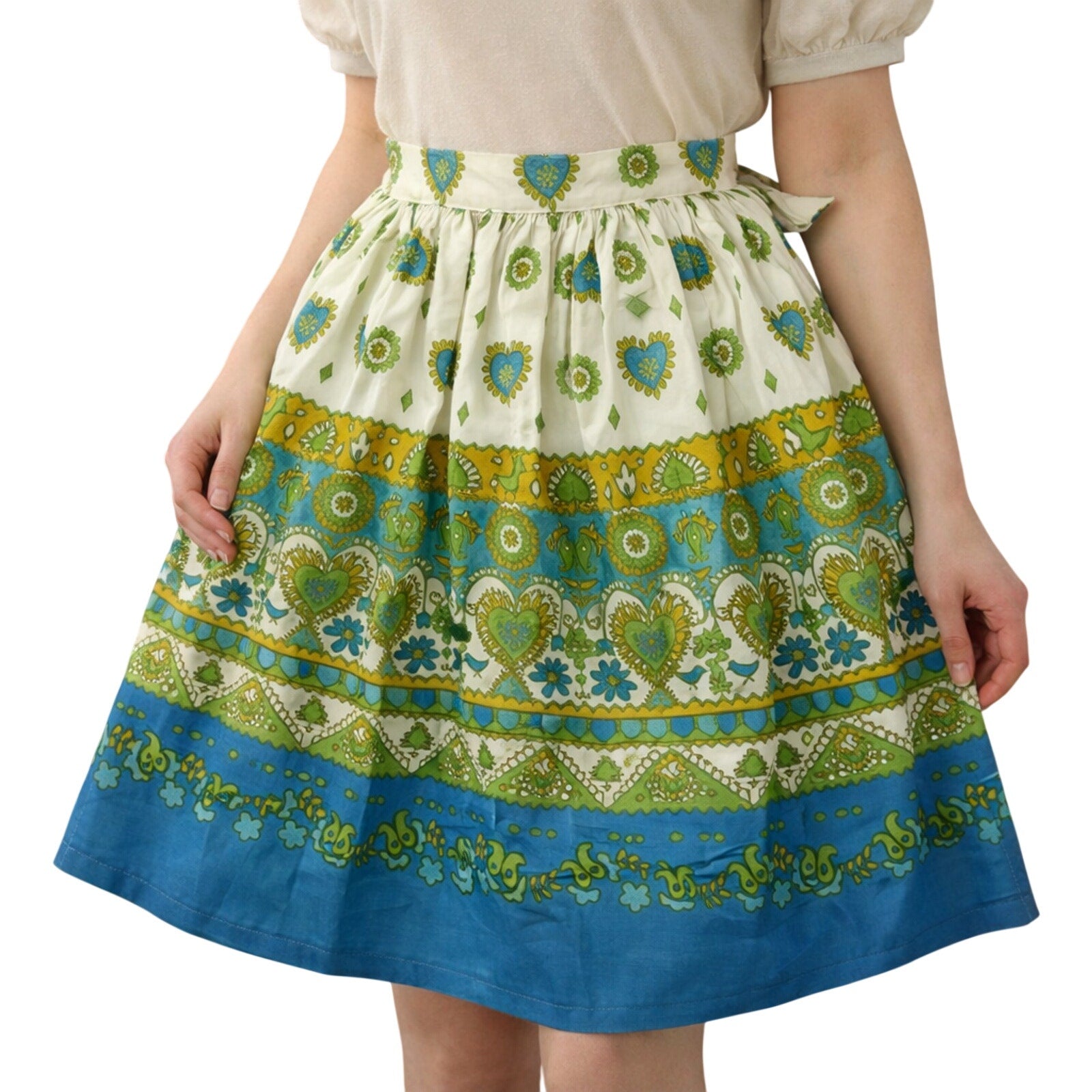 Vintage 60s Handmade Cotton Half Apron Love Birds Hearts Blue Green