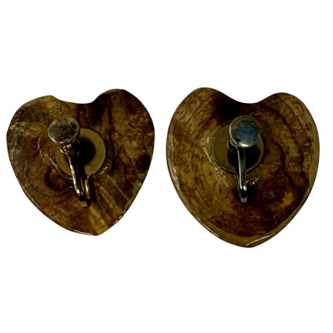 Vintage 70s Myrtle Wood Heart Screw Back Earrings Boho Natural