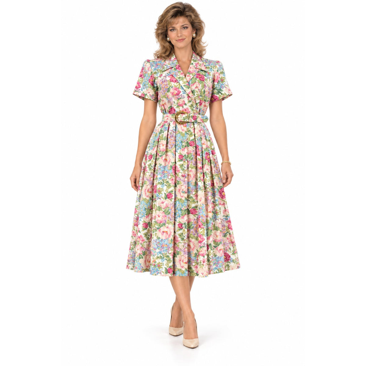 Vintage 80s R.J. Stevens Pink Floral Belted Midi Dress Size 14 Women's Medium