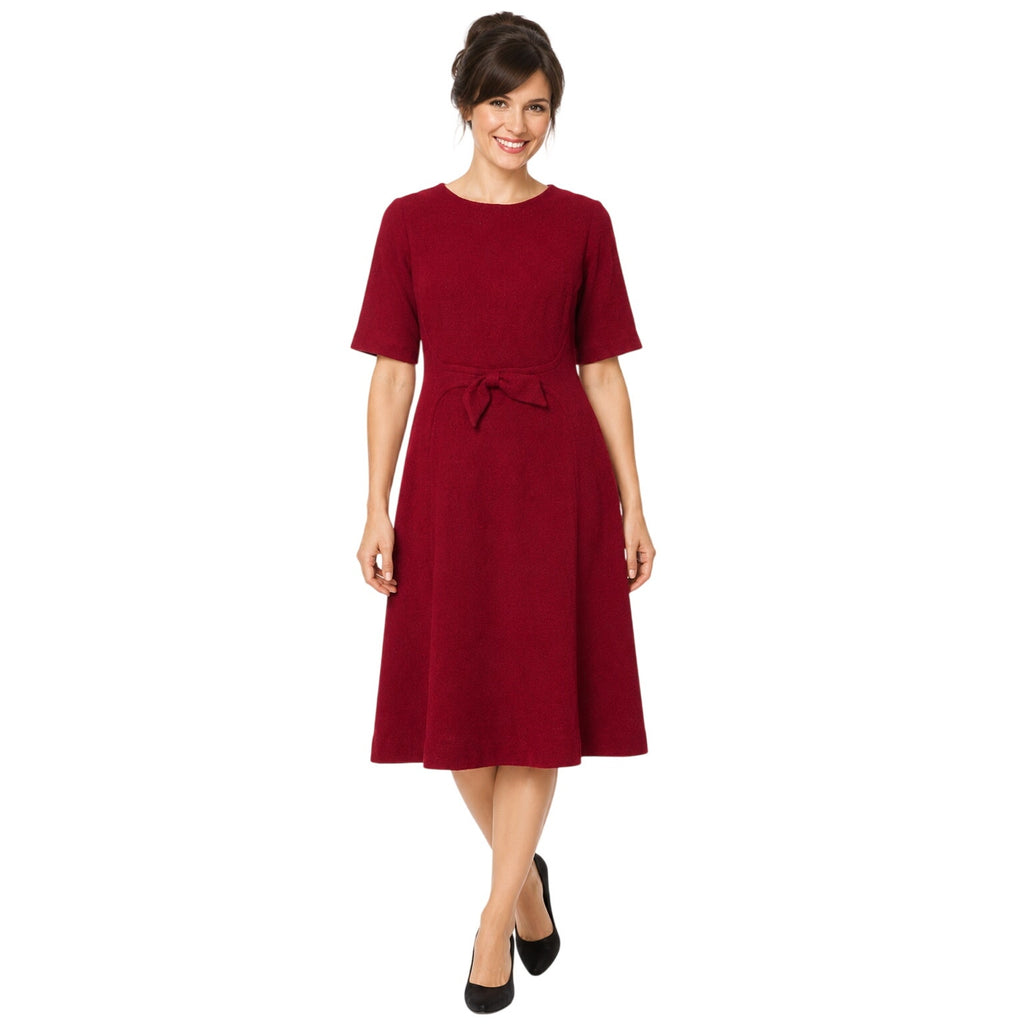 Vintage 60s Berkshire Wine Red Boucle Knit A-Line Dress Bow Accent Womens Medium