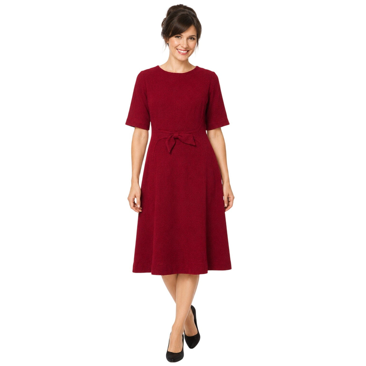 Vintage 60s Berkshire Wine Red Boucle Knit A-Line Dress Bow Accent Womens Medium