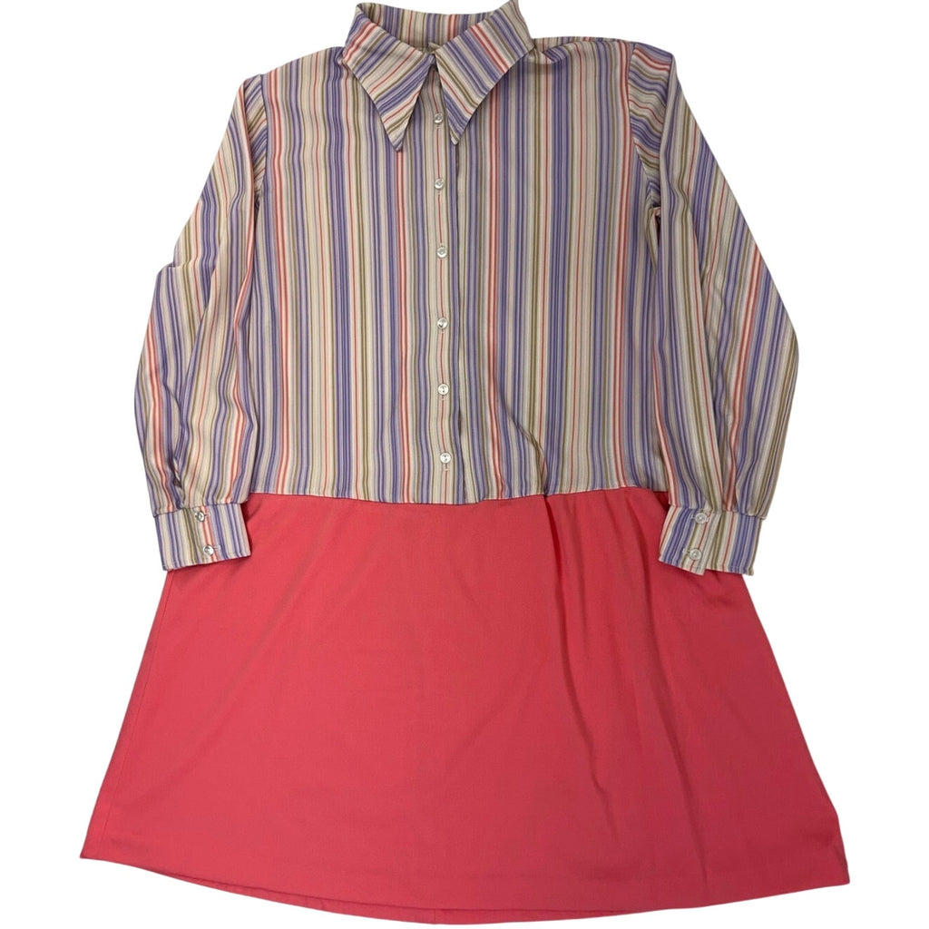 Vintage 70s Stripe Shirtwaist Mini Dress Peach Lavender Mod Polyester Women's M