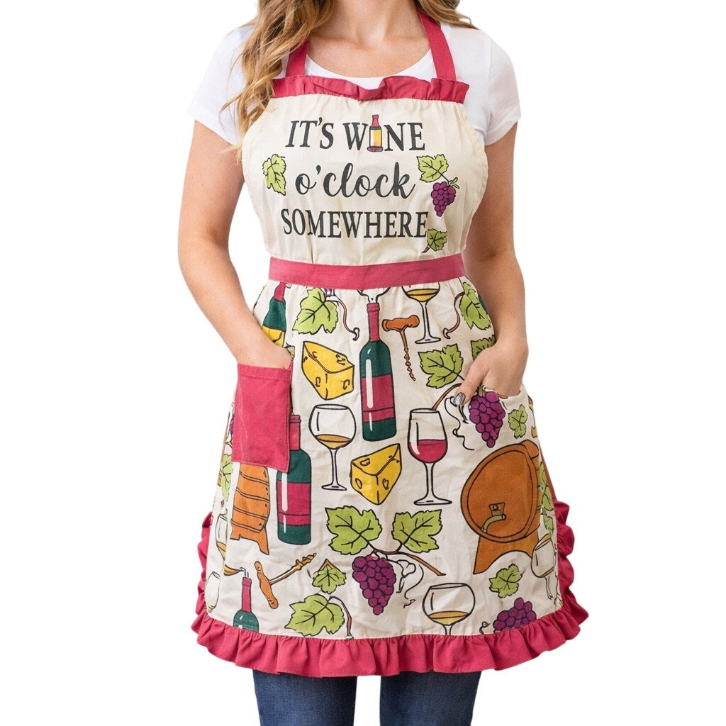Wine Apron Wine O’Clock Somewhere Cotton Bib Apron Pantry Wine Print Ruffle