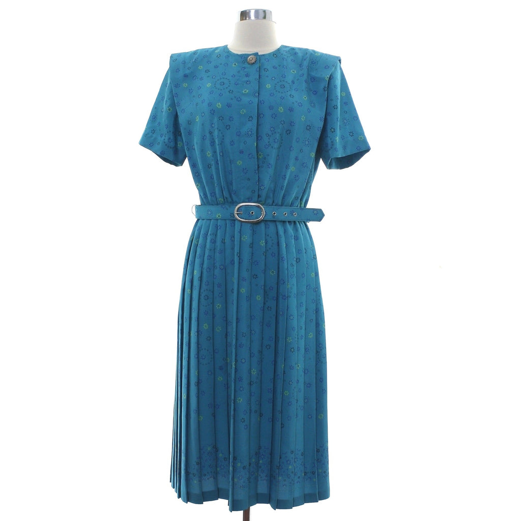 Vintage 80s Women's Small Leslie Fay Teal Floral Pleated Belted Dress