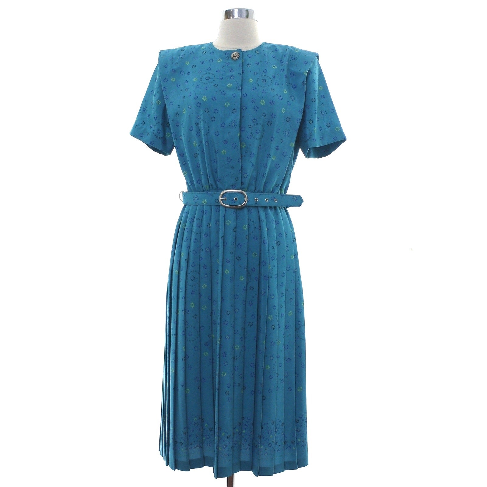 Vintage 80s Women's Small Leslie Fay Teal Floral Pleated Belted Dress