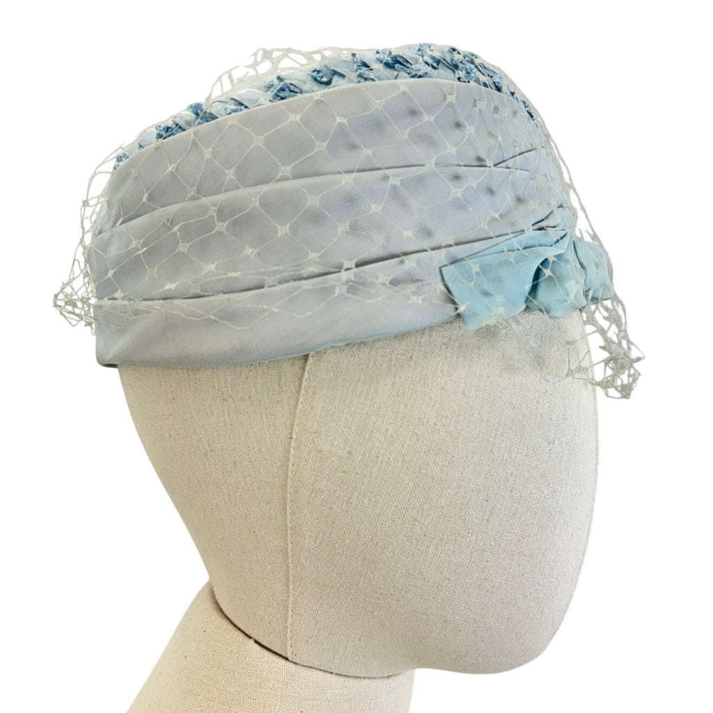 Vintage 1960s Ice Blue Pillbox Hat Veil Chiffon Bow Union Made Fascinator