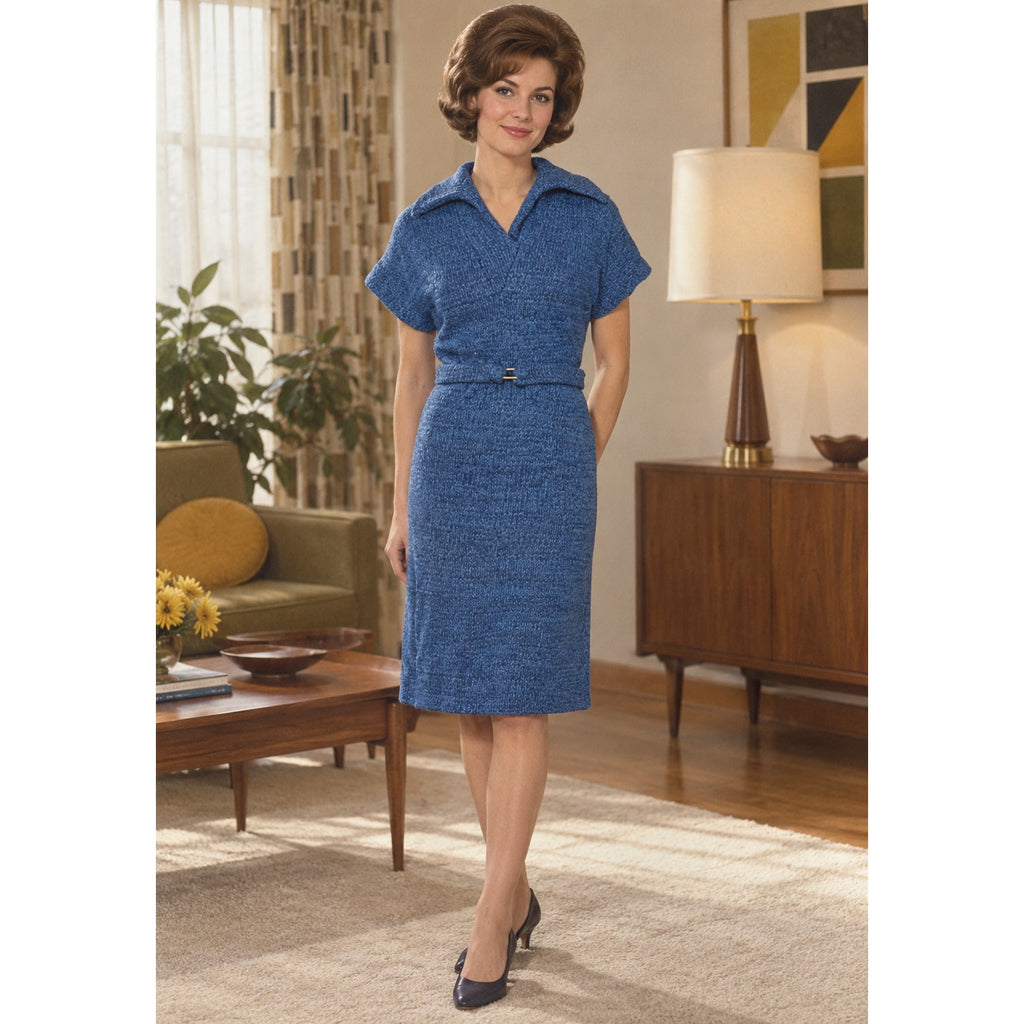 Vintage 60s Blue Acrylic Knit Belted Mod Sheath Dress Women’s XS
